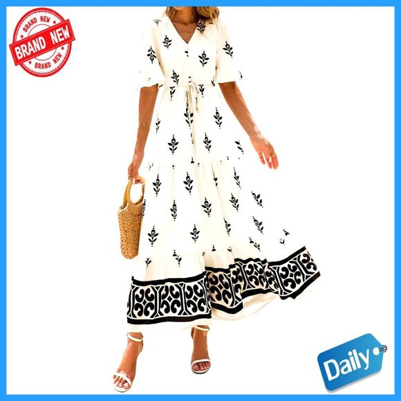 Dresses & Skirts - Floral Boho Maxi Dress with Pockets, V-Neck, Short Sleeve, Elastic Waist